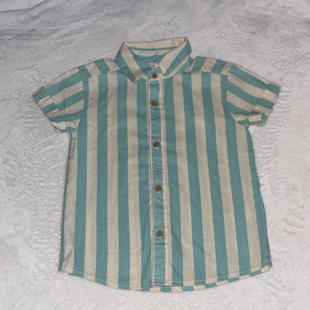 Carters Striped button up Shirt Blue and Cream and green 2T